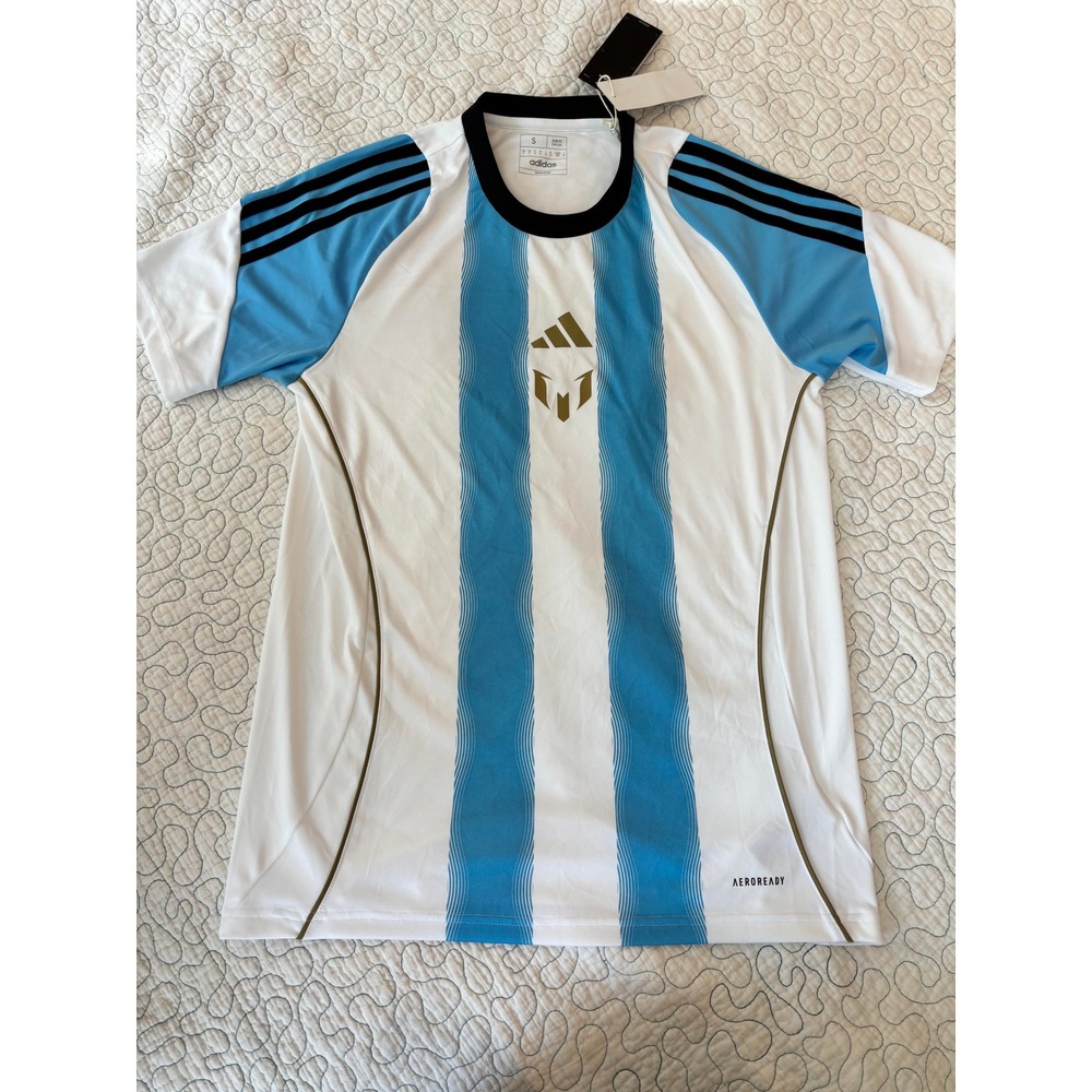 Messi Adidas Men's Soccer Jersey Size Small Slim Fit White Blue Stripes‎ #10